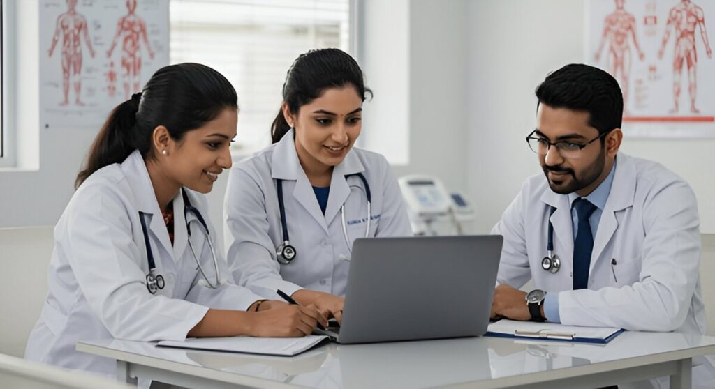 Medical students reviewing PG Medical Counselling details on laptop together