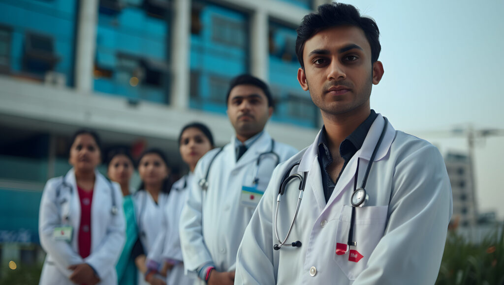 Indian doctors standing outside hospital building wearing white coats together