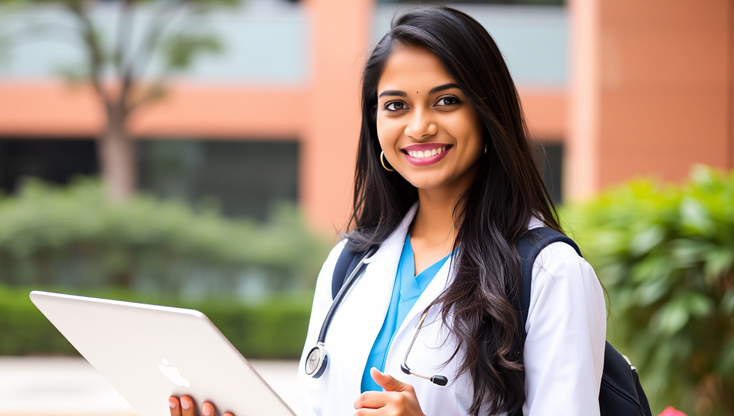 Smiling female medical student holding laptop outside campus building background