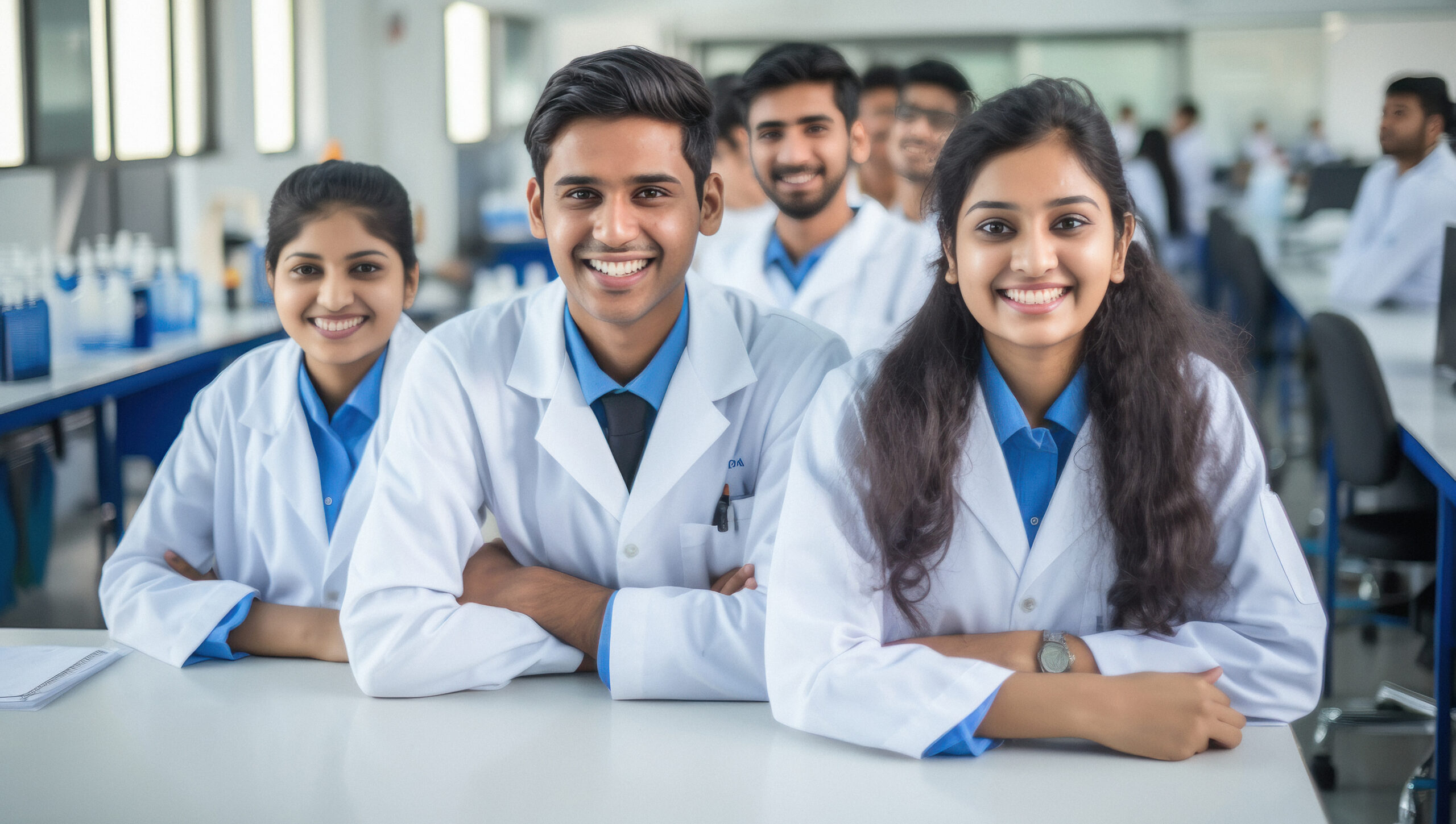Indian medical students in lab coats smiling during postgraduate training