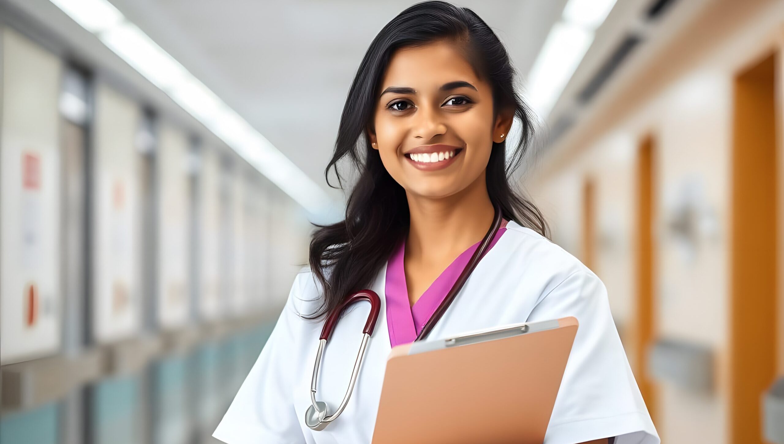 Smiling female doctor holding clipboard in hospital corridor