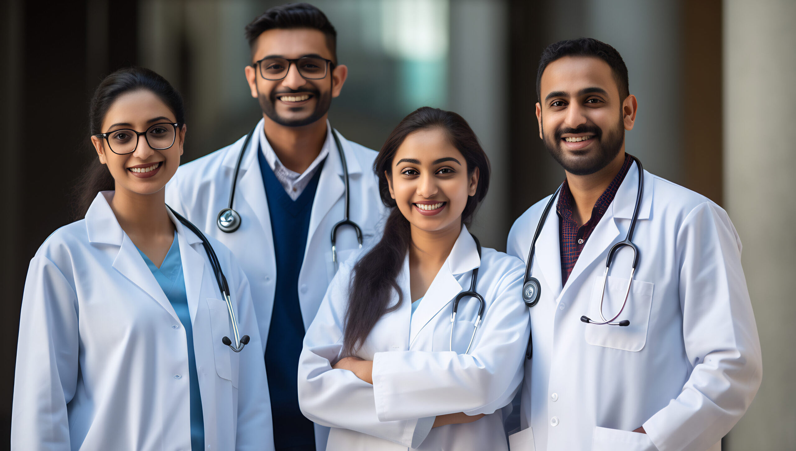 Four young doctors smiling together in white coats with stethoscopes.