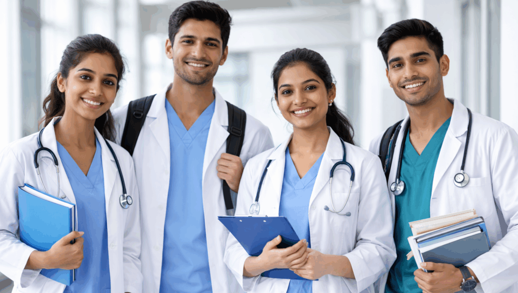 Four smiling medical students in white coats indoors