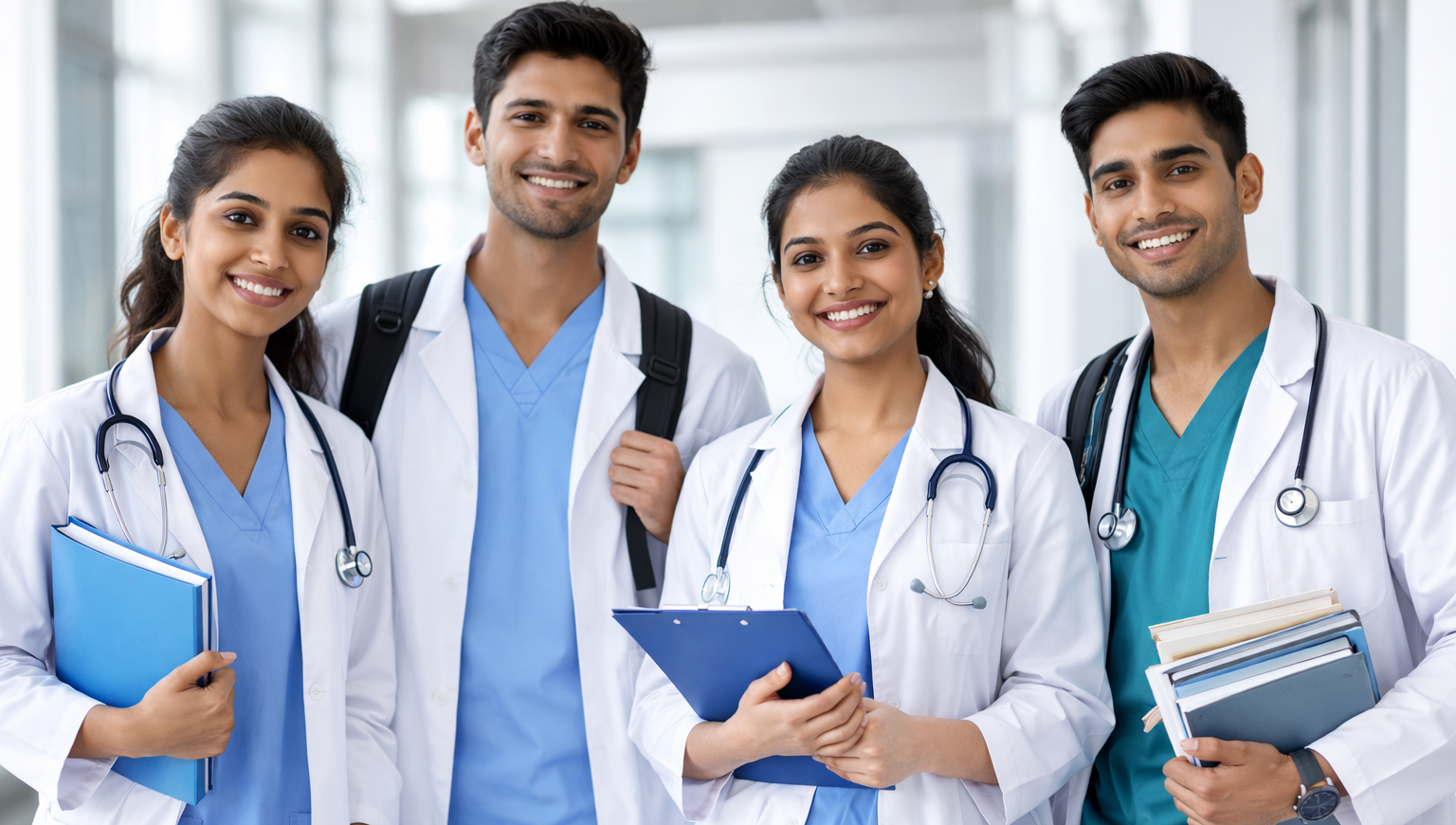 Four smiling medical students in white coats indoors