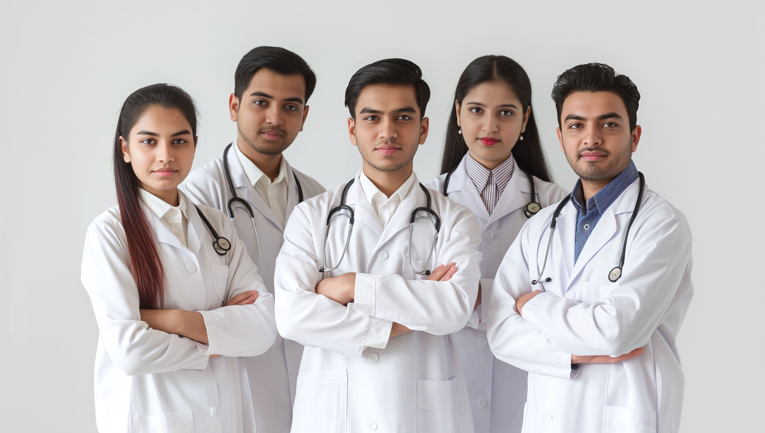 Five young doctors in white coats with stethoscopes
